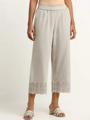 Utsa Grey Cutwork Hem Cotton Wide-Leg Pants