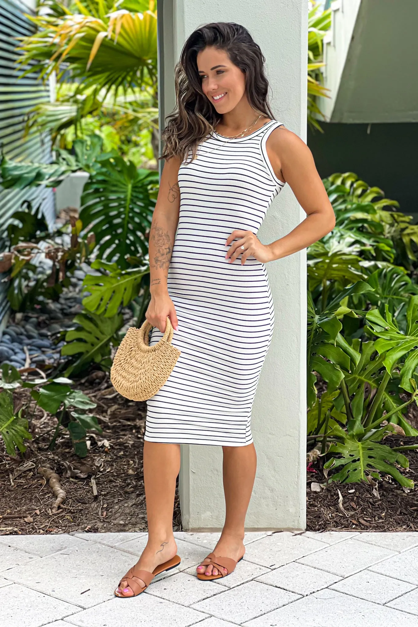 White And Black Knit Sleeveless Dress