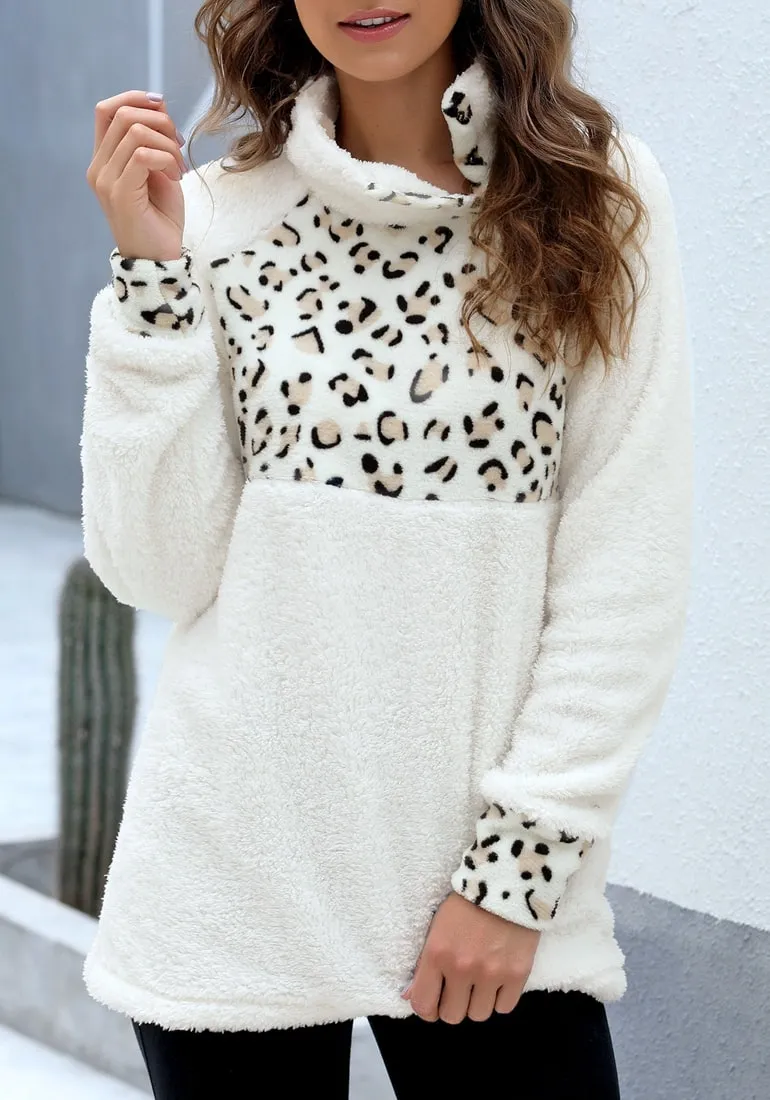 White Oblique Stand Collar Leopard Fleece Pullover