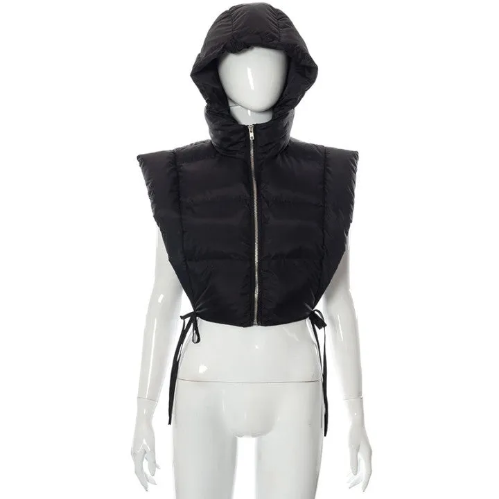 Women y2k puffer bubble tie side vest coat hoodie crop jacket