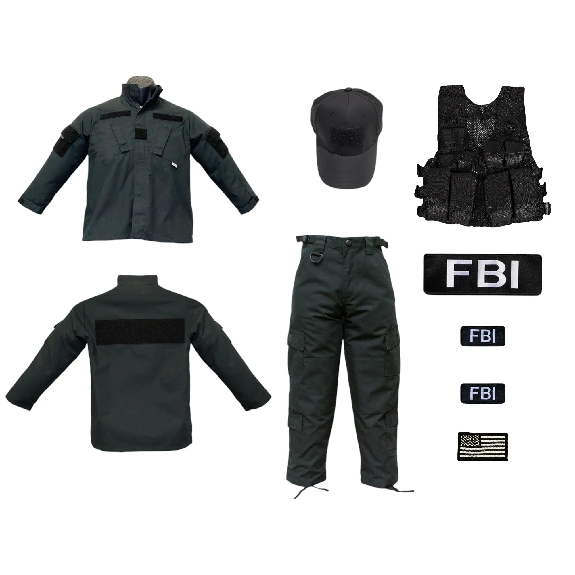 Youth Black Tactical FBI Uniform  8 PC Combo